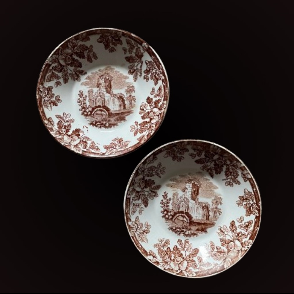 Lot of 2 antique vtg Copeland/WT Copeland & Sons brown transfer berry bowls Eng